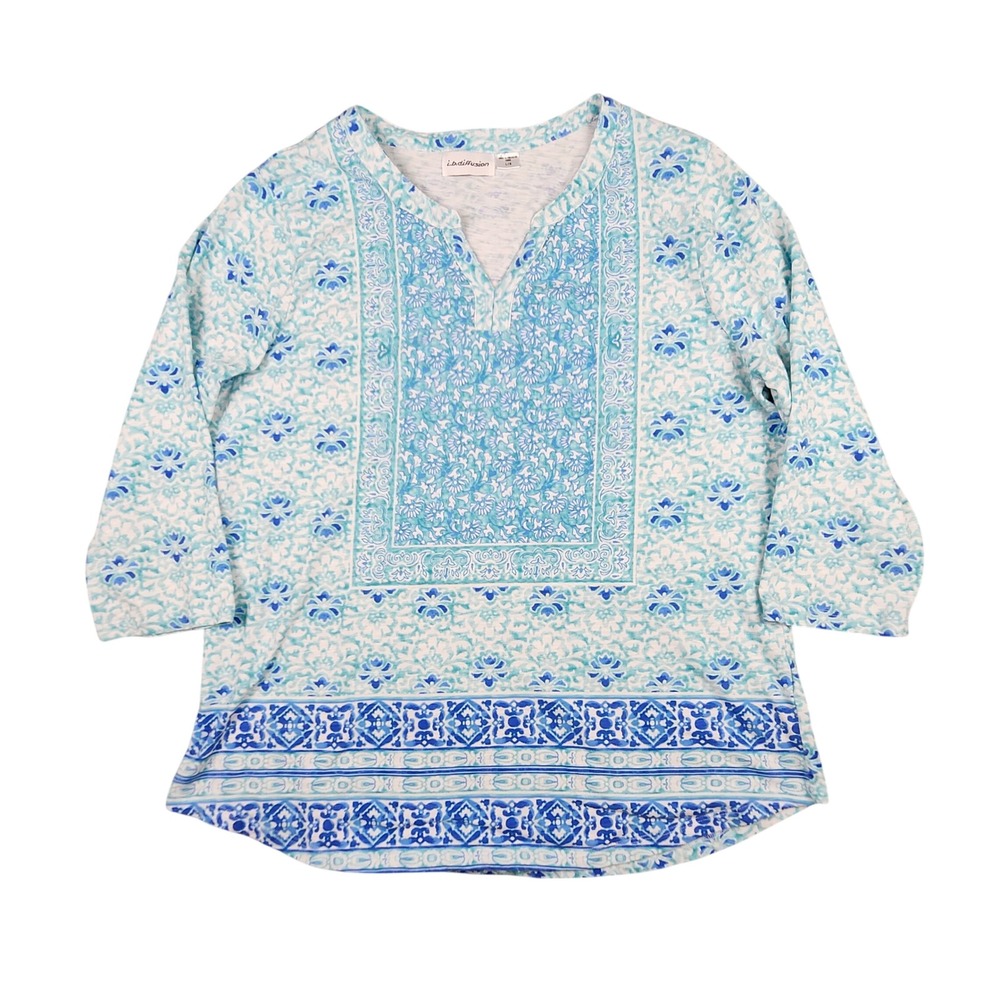 I.B. Diffusion Tunic Top Womens Large Blue Teal Floral Print 3/4 Sleeve V-Neck
